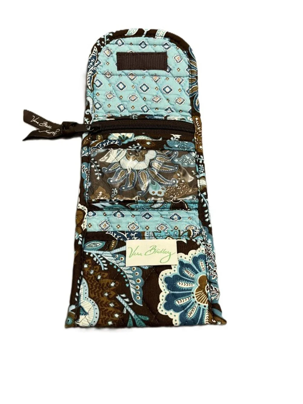 Vintage Vera Bradley Java Blue Trifold Compact Wallet Quilted Cotton Brown Teal - Picture 3 of 3